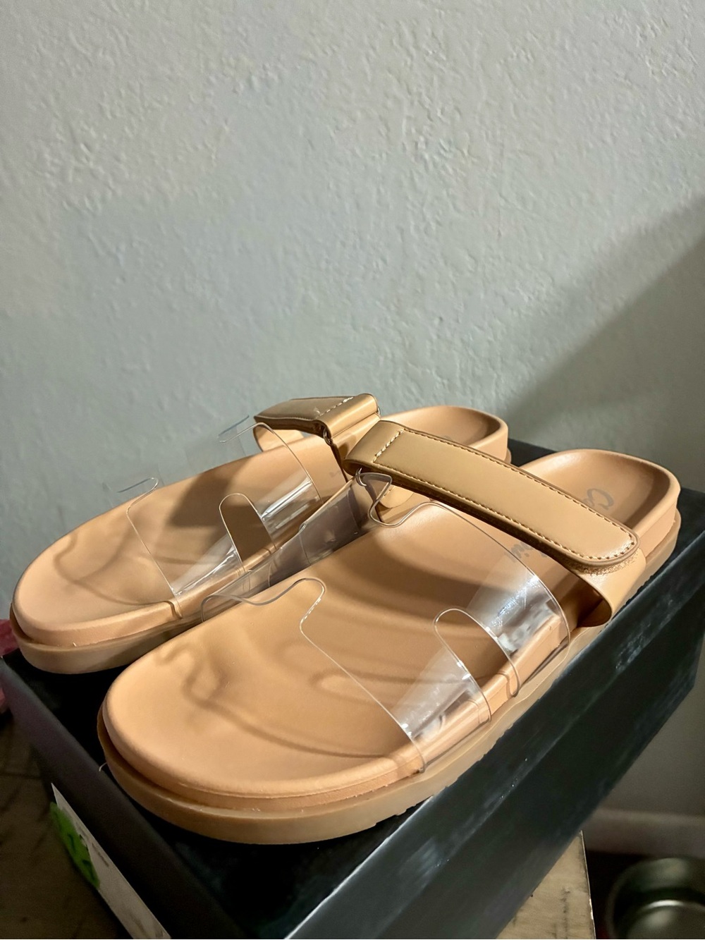 Women's Clear Strap Tan Slide Sandals